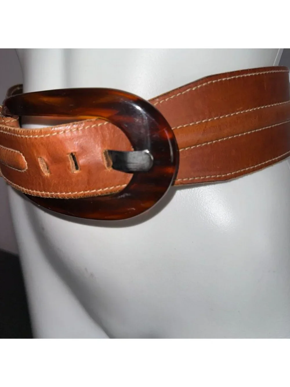 Vintage 90s Minimalist Classic Wide Brown Leather Tortoiseshell Buckle Belt Sz L